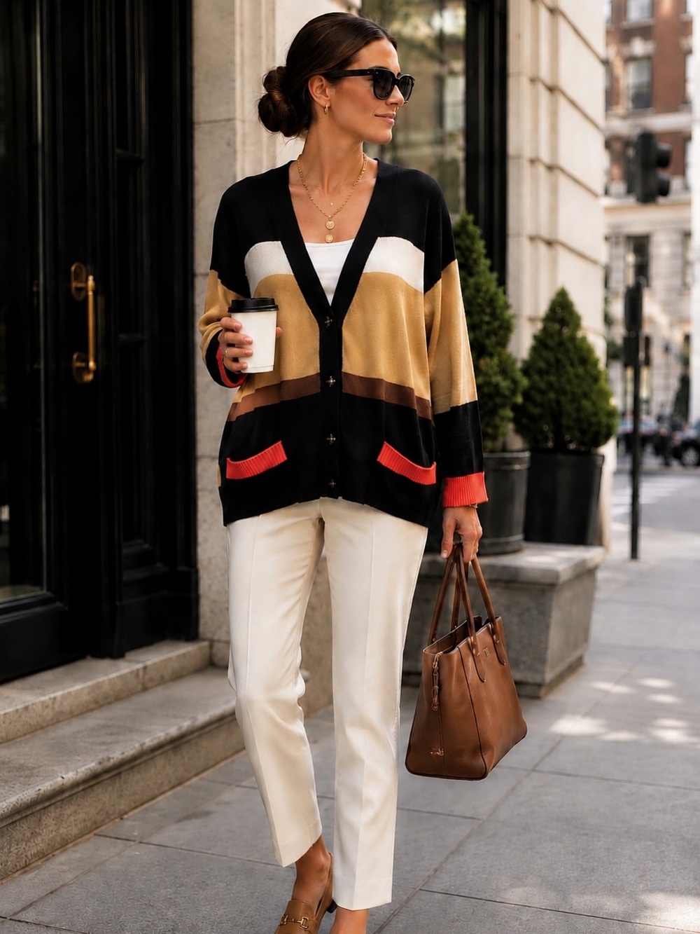 LUSH Women’s Oversized Black Tan V-neck Color Block Stripe Cardigan Sweater S